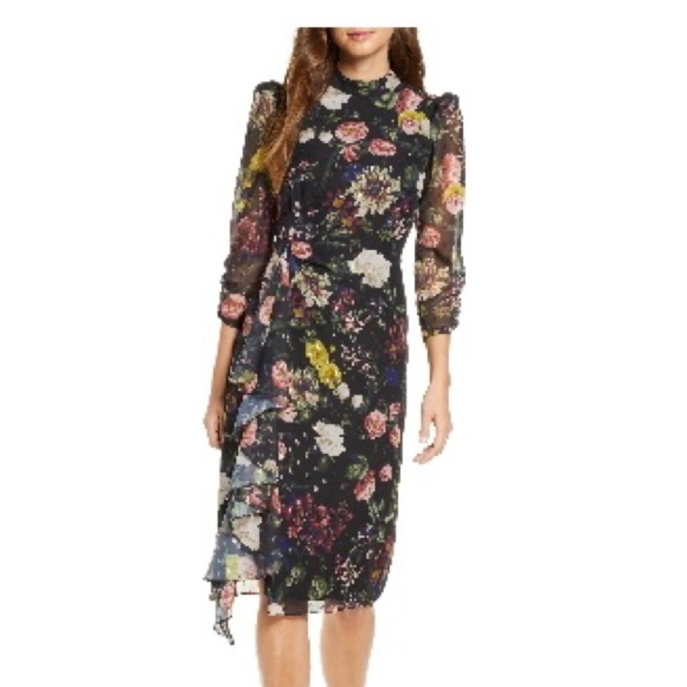 Nordstrom, Eliza J, Black Floral, Long Sleeve Dress - Size 8